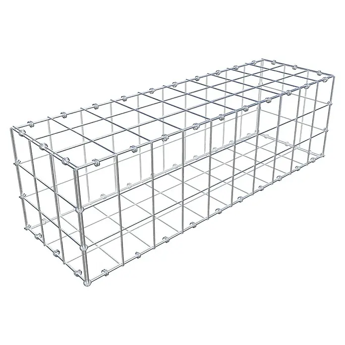 Gabiona Gabione - 100 x 30 x 30 cm, Maschenbreite: 10 cm, Maschenhöhe: 10 cm - Draufsicht auf einen Gabionenkorb aus verzinktem Drahtgitter, der für Landschaftsbau und Erosionsschutz verwendet wird.