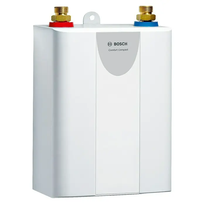Bosch Kleindurchlauferhitzer Tronic Comfort - 3,6 kW, 1,8 l/min - Abbildung eines weißen Bosch Comfort Compact Mini-Warmwasserbereiters mit Messinganschlüssen.