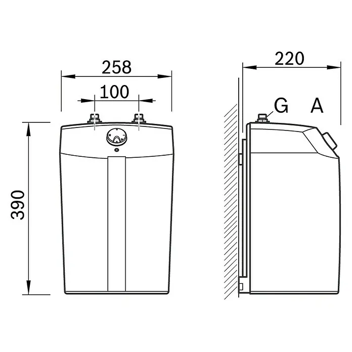 Bosch Warmwasserspeicher Tronic Store Compact - 5 l, 1.800 W, Temperaturbereich: 35 °C - 85 °C, Untertischmontage - Schemazeichnung eines Warmwasserbereiters mit Maßangaben für Höhe, Breite und Tiefe zur Installation.