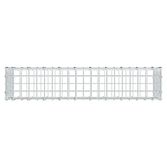 Gabiona Gabione - 100 x 20 x 30 cm, Maschenbreite: 5 cm, Maschenhöhe: 5 cm - Ein rechteckiges, silbernes Gabionen-Korb-Produkt, das aus einem Drahtgitter gefertigt ist und zur Steinstabilisierung verwendet wird.