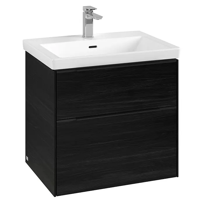 Villeroy & Boch Subway 3.0 Waschbeckenunterschrank - Black Oak, Anzahl Schubladen: 2 Stk., Farbe Griff: Volcano Black, B x T x H: 62,2 x 47,8 x 57,6 cm, Mit Beleuchtung - Elegantes Badezimmer-Waschbecken mit Unterschrank in dunkler Holzoptik und moderner Armatur. Stilvolle Badmöbel für ein modernes Ambiente.