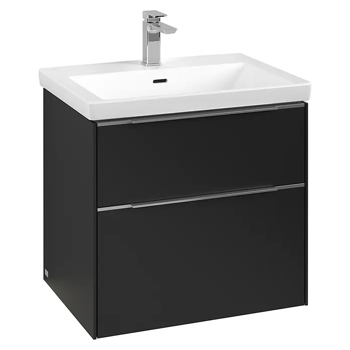 Villeroy & Boch Subway 3.0 Waschbeckenunterschrank - Volcano Black, Anzahl Schubladen: 2 Stk., Farbe Griff: Aluminium glänzend, B x T x H: 62,2 x 47,8 x 57,6 cm, Mit Beleuchtung - Moderner Badezimmerschrank mit weißem Waschbecken und zwei Schubladen in Anthrazit, inklusive Armatur. Elegantes Design für jedes Bad.