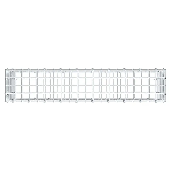 Gabiona Gabione - 100 x 20 x 40 cm, Maschenbreite: 5 cm, Maschenhöhe: 5 cm - Ein länglicher, silberfarbener Drahtkorb mit rechteckigen Fächern, ideal für die Aufbewahrung und Organisation verschiedener Gegenstände.