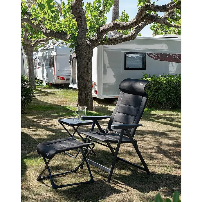 Crespo Fußhocker Air-Deluxe - B x T x H: 58 x 45 x 45 cm, Schwarz, Aluminium, Meshgewebe - Bequemer Relaxsessel mit Fußstütze und kleinem Tisch im Grünen. Ideal zum Entspannen im Garten oder beim Camping.