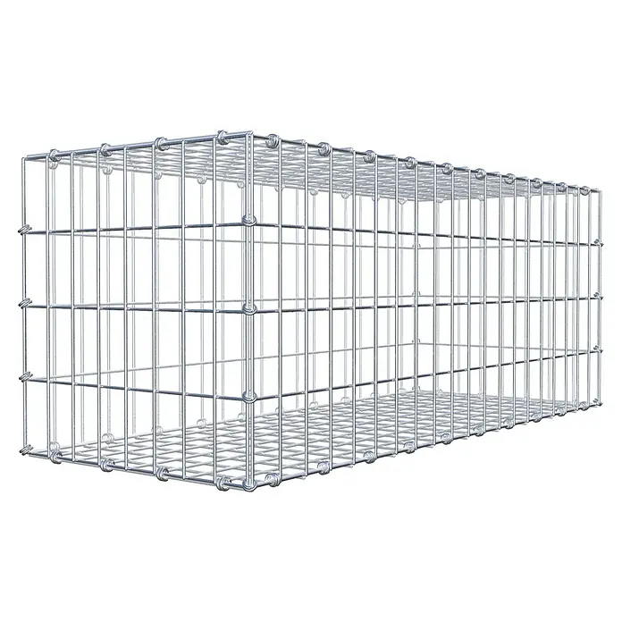 Gabiona Gabione - 100 x 40 x 40 cm, Maschenbreite: 5 cm, Maschenhöhe: 10 cm - Draufsicht auf einen länglichen Gabionenkorb aus silbrigem Drahtgeflecht, ideal für Gartenbau und Landschaftsgestaltung.