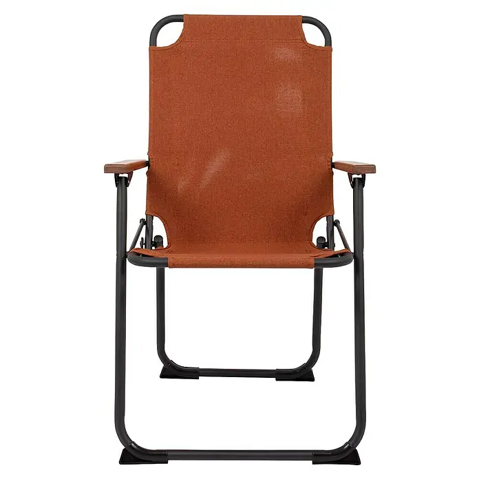 Bo-Camp Campingstuhl Bushwick M - Aluminium, Bambus, Orange, B x T x H: 52 x 60 x 90 cm - Nahaufnahme eines orangefarbenen Canvas-Campingstuhls mit schwarzem Metallrahmen und Holzarmlehnen.