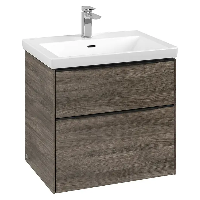 Villeroy & Boch Subway 3.0 Waschbeckenunterschrank - Stone Oak, Anzahl Schubladen: 2 Stk., Farbe Griff: Volcano Black, B x T x H: 62,2 x 47,8 x 57,6 cm, Mit Beleuchtung - Das Bild zeigt einen modernen Waschtisch mit zwei Schubladen in Holzoptik und einem weißen Aufsatzwaschbecken mit Armatur.