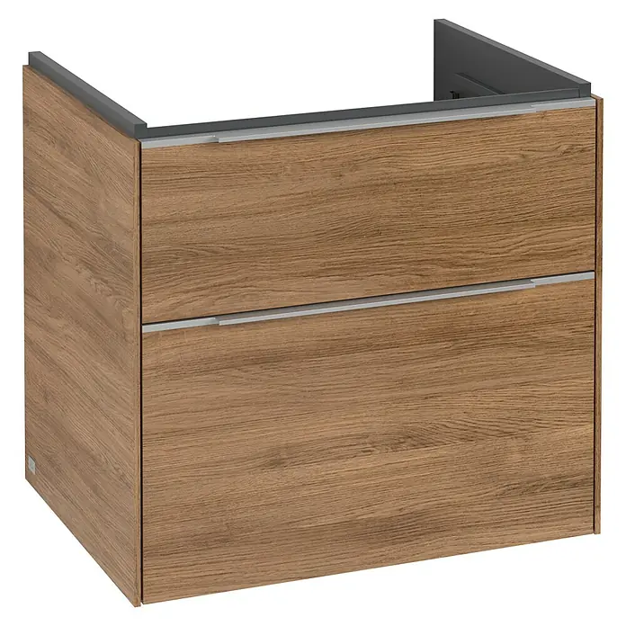 Villeroy & Boch Subway 3.0 Waschbeckenunterschrank - Kansas Oak, Anzahl Schubladen: 2 Stk., Farbe Griff: Aluminium glänzend, B x T x H: 62,2 x 47,8 x 57,6 cm, Mit Beleuchtung - Ein moderner Unterschrank in Holzoptik mit zwei Schubladen und silbernen Griffen. Ideal für das Badezimmer.