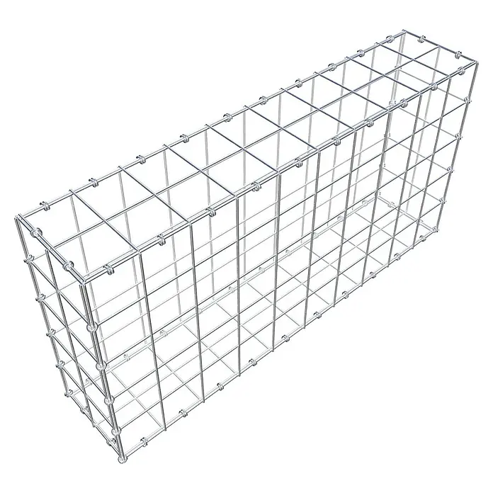 Gabiona Gabione - 100 x 20 x 50 cm, Maschenbreite: 10 cm, Maschenhöhe: 10 cm - Das Bild zeigt einen Gabionenkorb aus verzinktem Draht, ideal für Garten- und Landschaftsbau. Die robuste Konstruktion sorgt für Stabilität und Langlebigkeit.