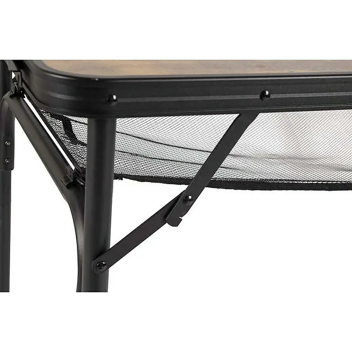 Bo-Camp Campingtisch Industrial - L x B x H: 120 x 60 x 70 cm, Aluminium/MDF, Schwarz/Braun - Detailansicht des schwarzen Metallgestells mit Netzablage eines Campingtisches, der Robustheit und Funktionalität vereint.