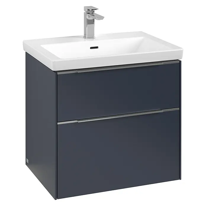 Villeroy & Boch Subway 3.0 Waschbeckenunterschrank - Marine Blue, Anzahl Schubladen: 2 Stk., Farbe Griff: Aluminium glänzend, B x T x H: 62,2 x 47,8 x 57,6 cm, Mit Beleuchtung - Elegantes Badezimmer-Waschbecken mit Unterschrank in dunklem Grau und moderner Armatur. Stilvolle Badmöbel für ein zeitgemäßes Ambiente.