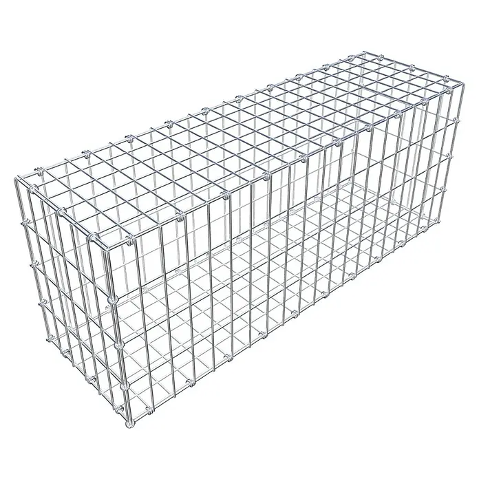 Gabiona Gabione - 100 x 30 x 40 cm, Maschenbreite: 5 cm, Maschenhöhe: 10 cm - Das Bild zeigt einen länglichen Gabionenkorb aus Drahtgeflecht, ideal für Garten- und Landschaftsbau.