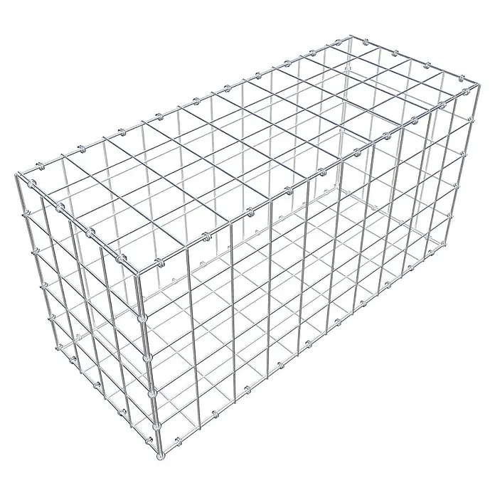 Gabiona Gabione - 100 x 40 x 50 cm, Maschenbreite: 10 cm, Maschenhöhe: 10 cm - Abbildung eines Gabionenkorbs, eines Drahtgitterbehälters für Steine. Er ist leer und perspektivisch dargestellt.