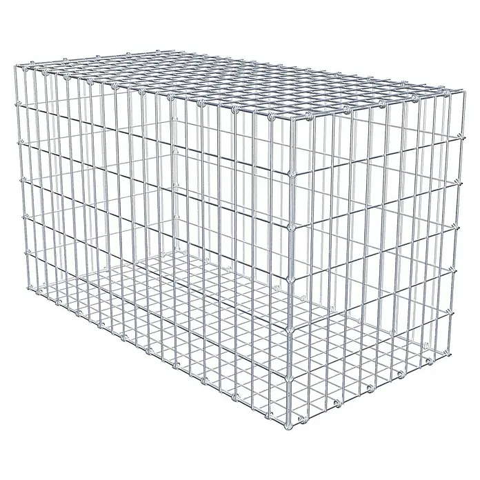 Gabiona Gabione - 100 x 50 x 60 cm, Maschenbreite: 5 cm, Maschenhöhe: 10 cm - Abbildung eines Gabionenkorbs. Der Gabionenkorb ist leer und besteht aus verzinktem Drahtgitter. Er ist für den Einsatz im Garten- und Landschaftsbau geeignet.
