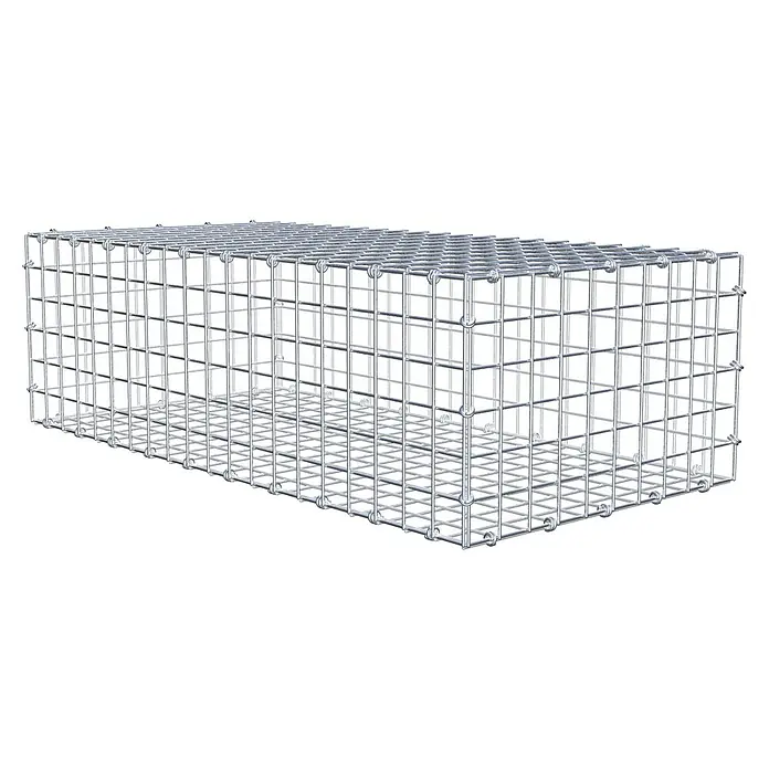 Gabiona Gabione - 100 x 50 x 30 cm, Maschenbreite: 5 cm, Maschenhöhe: 5 cm - Das Bild zeigt einen stabilen Gabionenkorb aus Drahtgeflecht. Er ist ideal für Gartenbau und Landschaftsgestaltung.