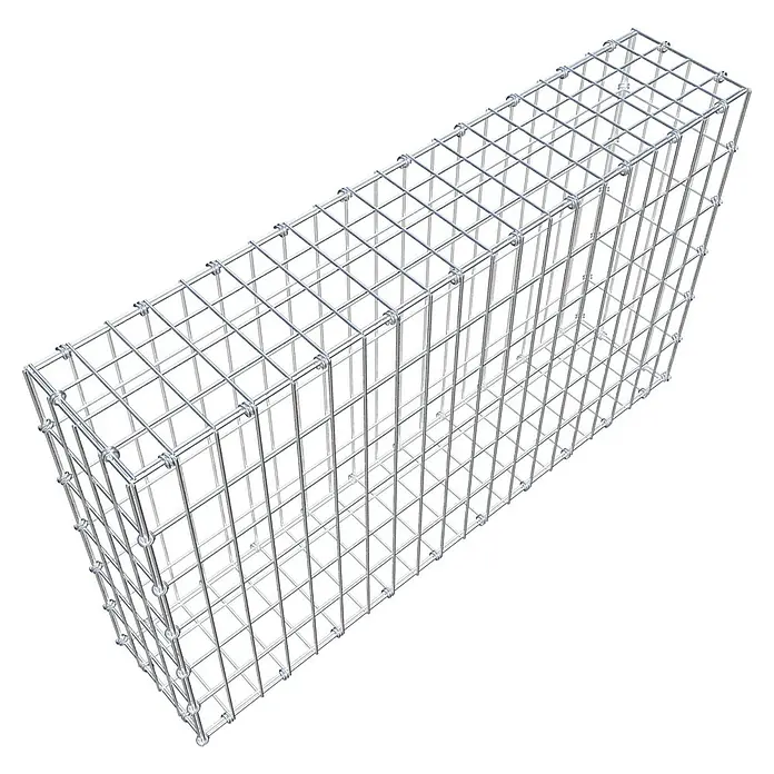 Gabiona Gabione - 100 x 20 x 60 cm, Maschenbreite: 5 cm, Maschenhöhe: 10 cm - Ein leeres Gabionen-Drahtgitterelement für den Garten- und Landschaftsbau. Das Drahtgitter ist silbern und hat eine rechteckige Form.