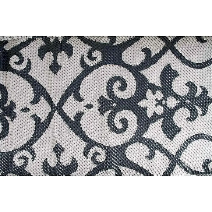 Bo-Camp Outdoor-Teppich Flaxton - Champagner, 270 x 200 cm - Nahaufnahme eines Stoffes mit einem eleganten, floralen Muster in Dunkelgrau und Weiß, der eine luxuriöse Textur zeigt.
