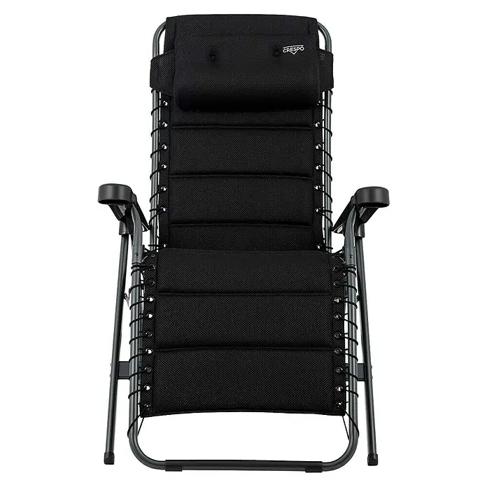 Crespo Relaxsessel Air Deluxe - L x B x H: 78 x 71 x 119 cm, Schwarz - Bild einer Crespo Relaxliege mit schwarzem Stoffbezug und verstellbarer Kopfstütze, ideal für Entspannung im Freien.