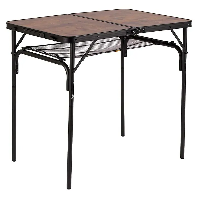Bo-Camp Campingtisch Industrial - L x B x H: 90 x 60 x 81 cm, Aluminium/MDF, Schwarz/Braun - Ein klappbarer Campingtisch mit einer Holzplatte und einem schwarzen Metallrahmen. Ideal für Outdoor-Aktivitäten.