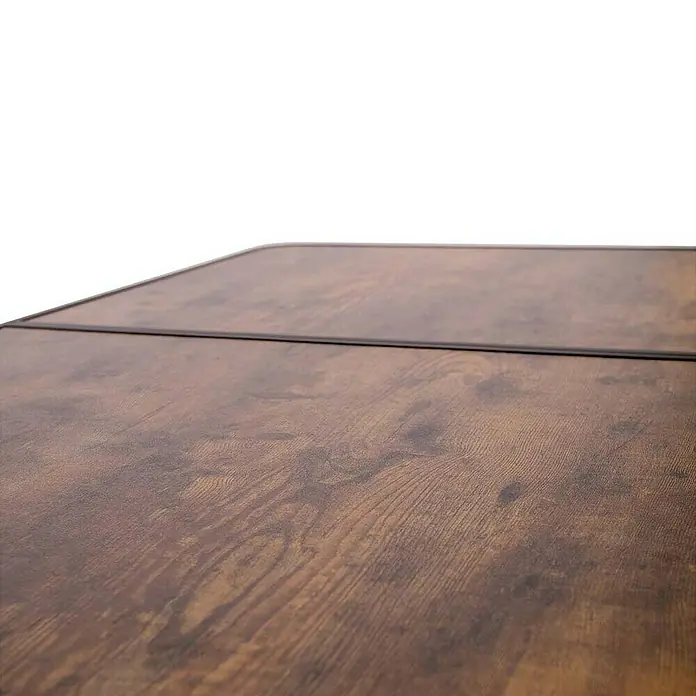 Bo-Camp Campingtisch Industrial - L x B x H: 90 x 60 x 81 cm, Aluminium/MDF, Schwarz/Braun - Nahaufnahme der Holzmaserung einer braunen Tischplatte, die eine warme und natürliche Ästhetik zeigt.