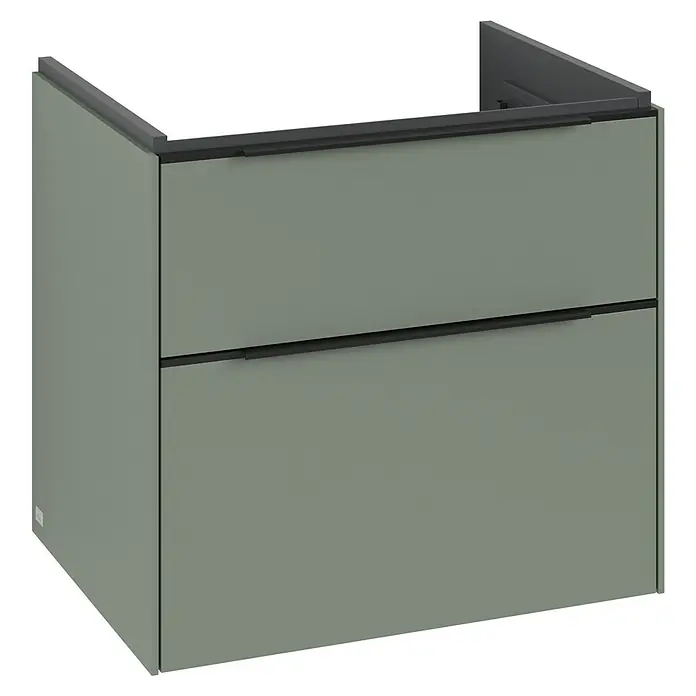 Villeroy & Boch Subway 3.0 Waschbeckenunterschrank - Soft Green, Anzahl Schubladen: 2 Stk., Farbe Griff: Volcano Black, B x T x H: 62,2 x 47,8 x 57,6 cm, Mit Beleuchtung - Moderner Unterschrank in Salbeigrün mit zwei Schubladen und schlichten schwarzen Griffen für ein stilvolles Badezimmer.