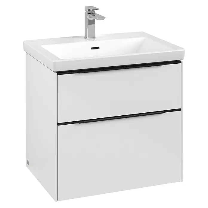 Villeroy & Boch Subway 3.0 Waschbeckenunterschrank - Brilliant White, Anzahl Schubladen: 2 Stk., Farbe Griff: Volcano Black, B x T x H: 62,2 x 47,8 x 57,6 cm, Mit Beleuchtung - Ein moderner Waschbeckenunterschrank in Weiß mit minimalistischen schwarzen Griffen und einer eleganten Armatur. Perfekt für jedes Badezimmer.