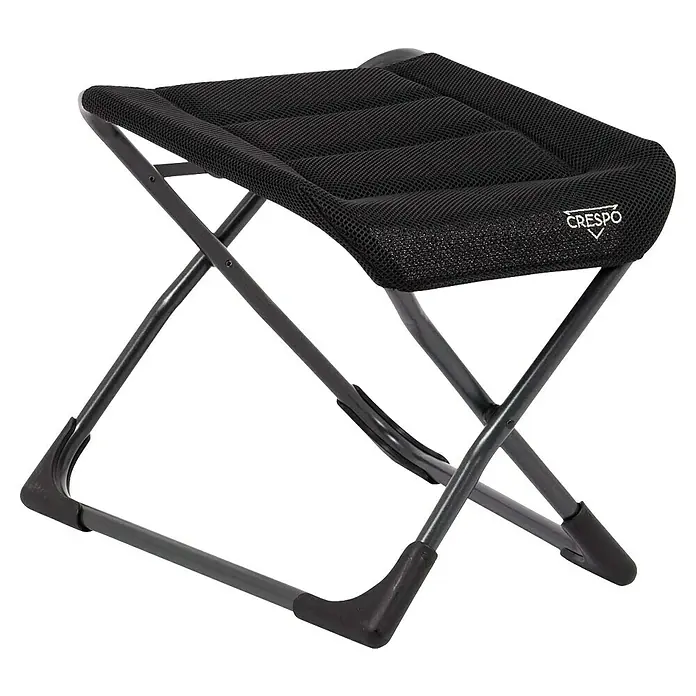 Crespo Fußhocker Air-Deluxe - B x T x H: 58 x 45 x 45 cm, Schwarz, Aluminium, Meshgewebe - Schwarzer Crespo Falthocker mit Netzgewebe-Sitzfläche und robustem Metallgestell, ideal für Camping und Outdoor-Aktivitäten.