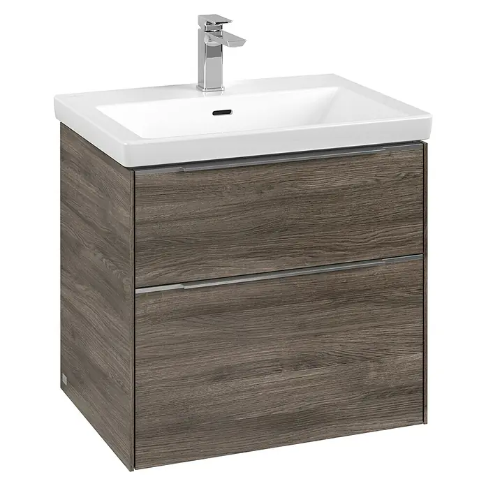 Villeroy & Boch Subway 3.0 Waschbeckenunterschrank - Stone Oak, Anzahl Schubladen: 2 Stk., Farbe Griff: Aluminium glänzend, B x T x H: 62,2 x 47,8 x 57,6 cm, Mit Beleuchtung - Modernes Waschbecken mit Unterschrank in Holzoptik. Die Kombination aus Keramikwaschbecken und Holzdesign verleiht jedem Badezimmer eine stilvolle Note.