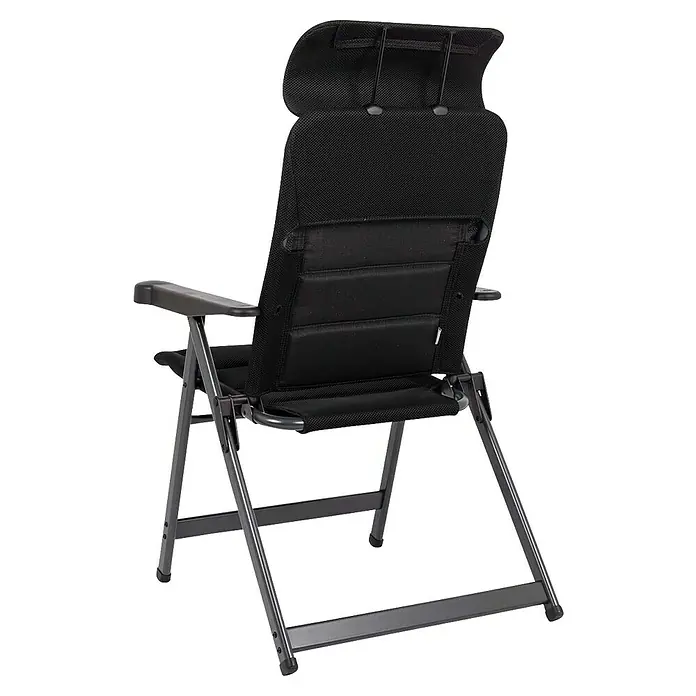 Crespo Campingstuhl Air-Deluxe M - B x T x H: 69 x 74 x 119 cm, Schwarz, Aluminium, Meshgewebe - Rückansicht eines schwarzen Klappstuhls mit verstellbarer Kopfstütze. Der Stuhl hat ein stabiles Metallgestell.