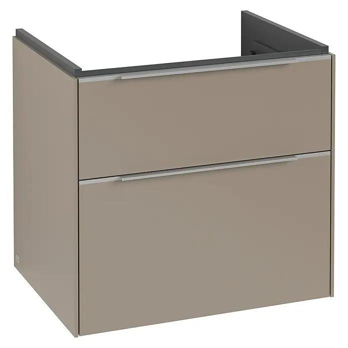 Villeroy & Boch Subway 3.0 Waschbeckenunterschrank - Taupe, Anzahl Schubladen: 2 Stk., Farbe Griff: Aluminium glänzend, B x T x H: 62,2 x 47,8 x 57,6 cm, Mit Beleuchtung - Bild eines modernen Waschtischunterschranks in Braun mit zwei Schubladen und Griffen.