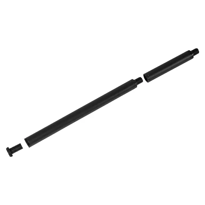 Bo-Camp Campingtisch Industrial - L x B x H: 90 x 60 x 81 cm, Aluminium/MDF, Schwarz/Braun - Drei schwarze Stangenstücke mit Gewindeenden liegen diagonal auf einem schwarzen Hintergrund. Ideal für Möbelbau oder Montagearbeiten.
