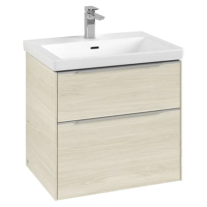 Villeroy & Boch Subway 3.0 Waschbeckenunterschrank - White Oak, Anzahl Schubladen: 2 Stk., Farbe Griff: Aluminium glänzend, B x T x H: 62,2 x 47,8 x 57,6 cm, Mit Beleuchtung - Modernes Waschbeckenmöbel mit zwei Schubladen in hellem Holzdekor und einem eleganten Chromwasserhahn für ein stilvolles Badezimmerambiente.