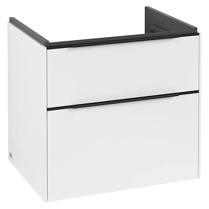 Villeroy & Boch Subway 3.0 Waschbeckenunterschrank - Pure White, Anzahl Schubladen: 2 Stk., Farbe Griff: Volcano Black, B x T x H: 62,2 x 47,8 x 57,6 cm, Mit Beleuchtung - Moderner weißer Waschtischunterschrank mit zwei Schubladen und schwarzen Griffen für ein stilvolles Badezimmerdesign.