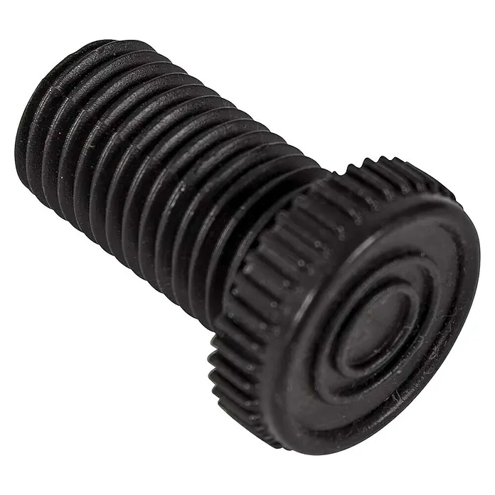 Bo-Camp Campingtisch Industrial - L x B x H: 90 x 60 x 81 cm, Aluminium/MDF, Schwarz/Braun - Nahaufnahme einer schwarzen gerändelten Schraube mit Gewinde. Ideal für sichere Befestigungen und einfache Handhabung.