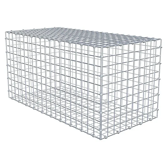 Gabiona Gabione - 100 x 50 x 50 cm, Maschenbreite: 5 cm, Maschenhöhe: 5 cm - Das Bild zeigt einen Gabionenkorb aus Drahtgeflecht. Er ist leer und hat eine rechteckige Form, ideal für den Garten- und Landschaftsbau.