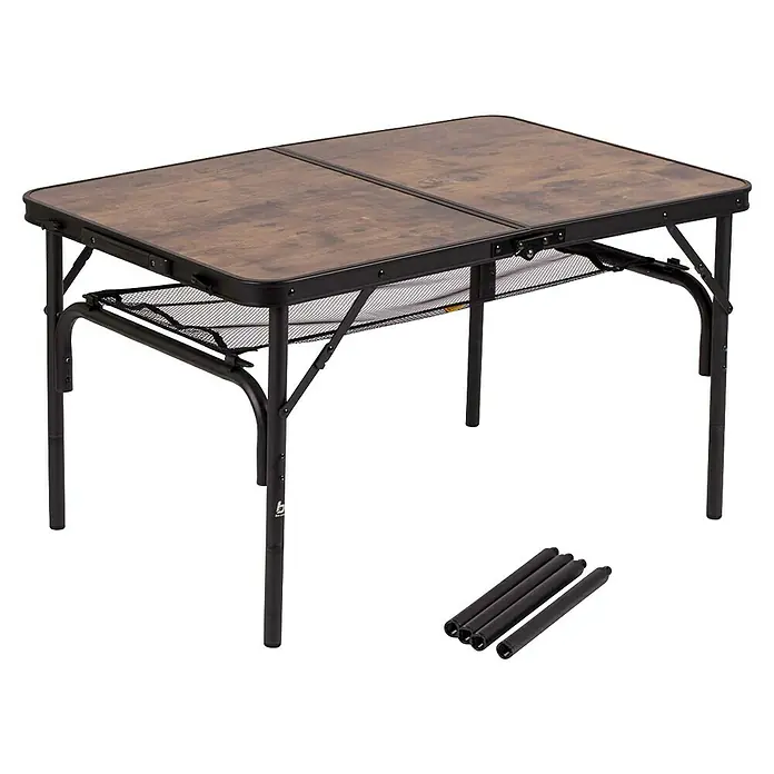 Bo-Camp Campingtisch Industrial - L x B x H: 90 x 60 x 81 cm, Aluminium/MDF, Schwarz/Braun - Klapptisch mit Holzoptik und schwarzem Metallrahmen mit Netzablage und zusätzlichen Beinen für variable Höhe. Robust und vielseitig für Camping.