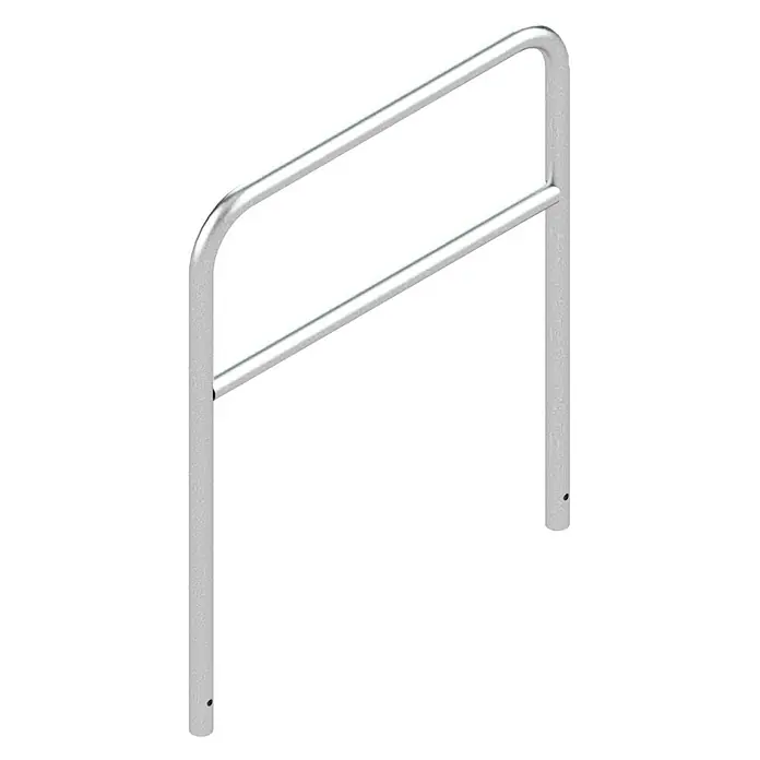 Schake Sperrbügel - B x H: 1.000 x 1.200 mm, Stahl, Einbetonieren, Mit Querholm - Abbildung eines silbernen Fahrradständers aus Metall mit zwei Haltestangen.