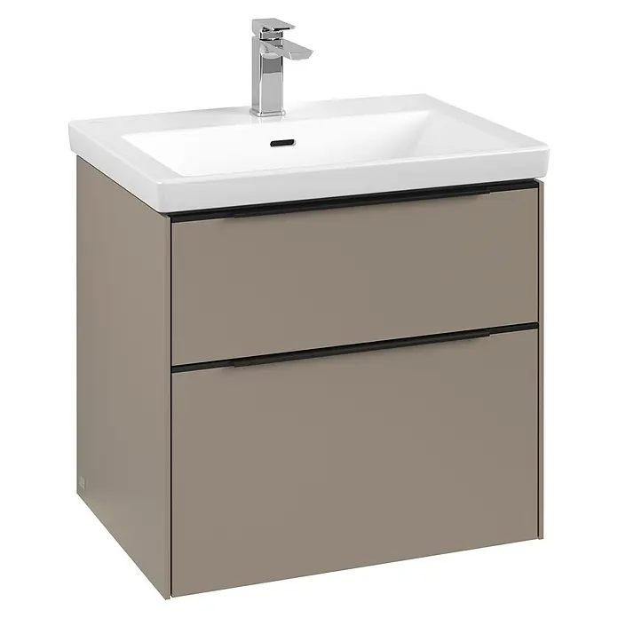 Villeroy & Boch Subway 3.0 Waschbeckenunterschrank - Taupe, Anzahl Schubladen: 2 Stk., Farbe Griff: Volcano Black, B x T x H: 62,2 x 47,8 x 57,6 cm, Mit Beleuchtung - Ein stilvoller Waschtischunterschrank in Taupe mit einer eleganten weißen Waschbecken-Kombination und einer modernen Armatur.