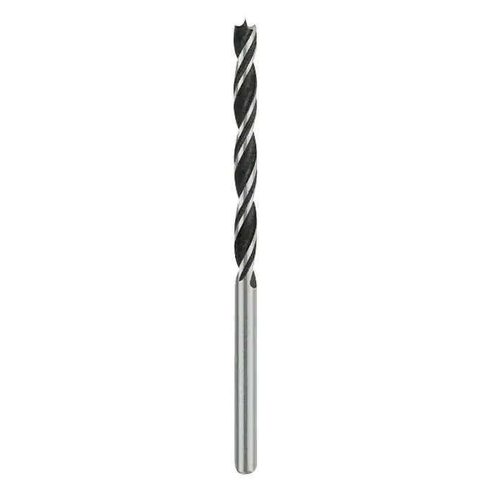 Bosch Broca para madera en espiral - 1 ud., Diámetro de la broca: 4 mm - Primer plano de una broca para madera con estrías en espiral y una punta central, ideal para crear agujeros precisos en madera.