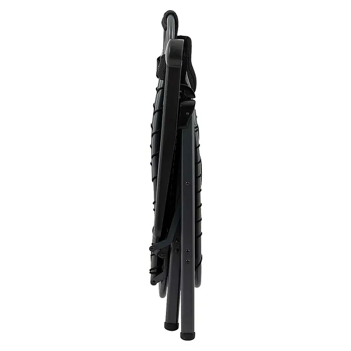 Crespo Relaxsessel Air Deluxe - L x B x H: 78 x 71 x 119 cm, Schwarz - Nahaufnahme eines zusammengeklappten schwarzen Relaxsessels. Das leichte Design macht ihn ideal für unterwegs und zum Entspannen.