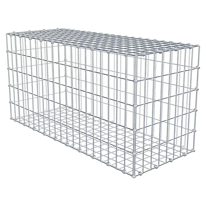 Gabiona Gabione - 100 x 40 x 50 cm, Maschenbreite: 5 cm, Maschenhöhe: 10 cm - Nahaufnahme eines Gabionenkorbs aus Drahtgeflecht. Der Korb ist leer und bereit zur Befüllung mit Steinen oder anderen Materialien.