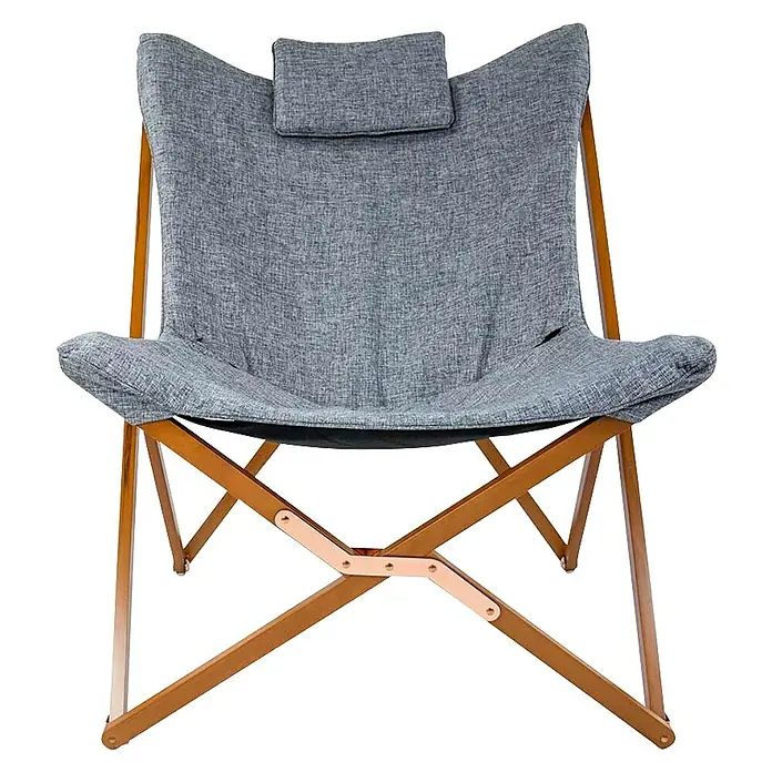 Bo-Camp Silla de camping Bloomsbury - An x Pr x Al: 75 x 87 x 96 cm, Gris/Marrón, Madera/tejido de poliéster - Sillón mariposa de tela gris con estructura plegable de madera y reposacabezas.