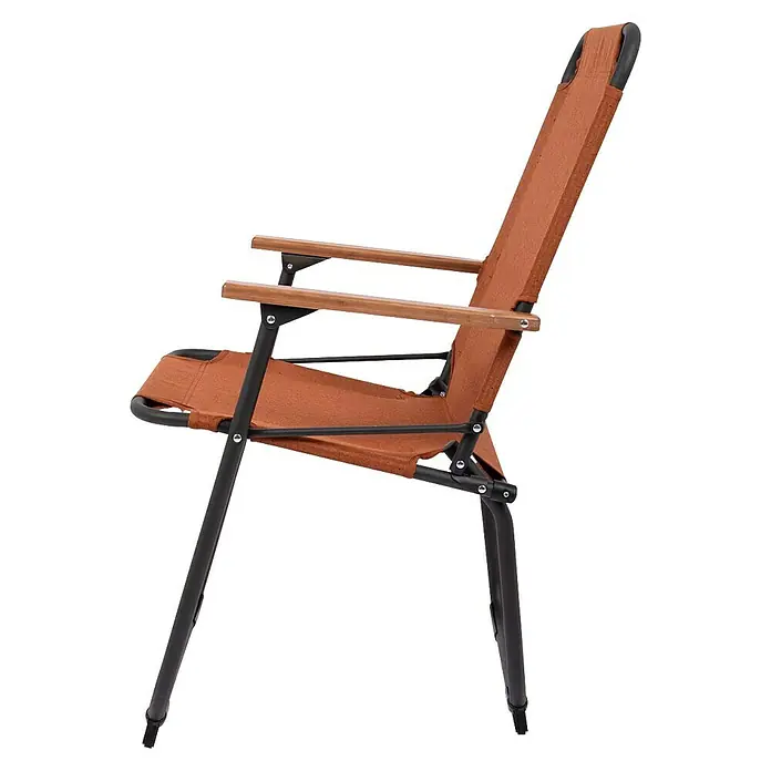 Bo-Camp Campingstuhl Bushwick M - Aluminium, Bambus, Orange, B x T x H: 52 x 60 x 90 cm - Seitenansicht eines stilvollen, braunen Campingstuhls mit Holzarmlehnen und einem robusten, dunklen Metallgestell für Outdoor-Komfort.