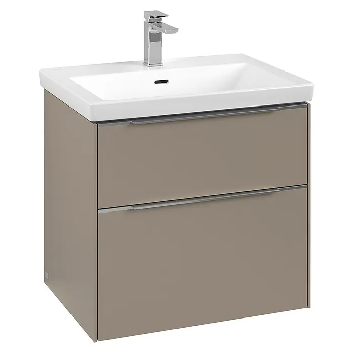 Villeroy & Boch Subway 3.0 Waschbeckenunterschrank - Taupe, Anzahl Schubladen: 2 Stk., Farbe Griff: Aluminium glänzend, B x T x H: 62,2 x 47,8 x 57,6 cm, Mit Beleuchtung - Ein moderner Waschtischunterschrank in Taupe mit zwei Schubladen und einem schlichten, weißen Aufsatzwaschbecken mit Armatur.