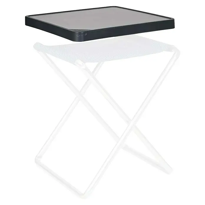 Crespo Tischplatte M/201 - L x B x H: 42 x 42 x 3,5 cm, Melamin/Aluminium - Bild eines grauen Tisches mit einem weißen, zusammenklappbaren Tischgestell. Das Produkt ist kompakt und leicht zu verstauen.