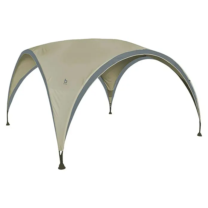 Bo-Camp Partyzelt - L x B x H: 370 x 370 x 239 cm, Beige, Stahl/Polyester - Das Bild zeigt ein stilvolles, beigefarbenes Sonnensegel mit grauen Akzenten, ideal für den Außenbereich. Es bietet Schatten und Schutz vor Sonne.