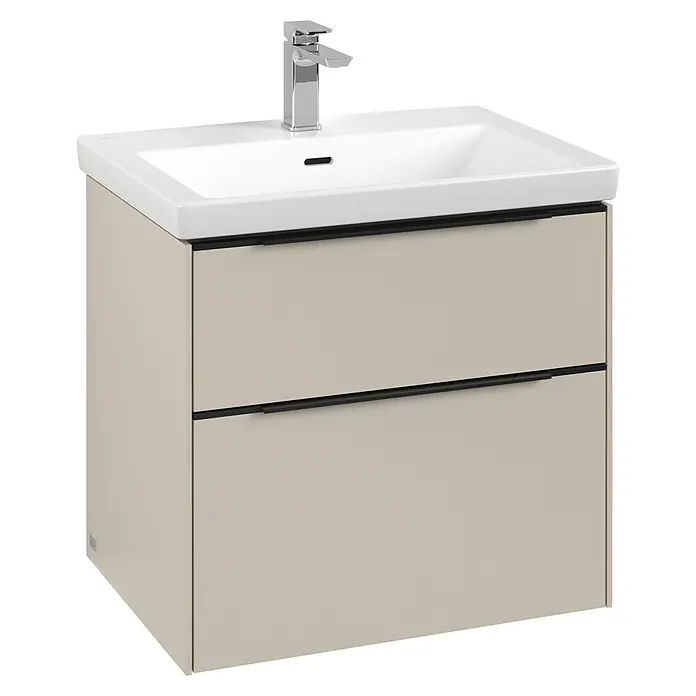 Villeroy & Boch Subway 3.0 Waschbeckenunterschrank - Cashmere Grey, Anzahl Schubladen: 2 Stk., Farbe Griff: Volcano Black, B x T x H: 62,2 x 47,8 x 57,6 cm, Mit Beleuchtung - Moderner Waschtischunterschrank mit zwei Schubladen in Beige und einem weißen Waschbecken mit Armatur.