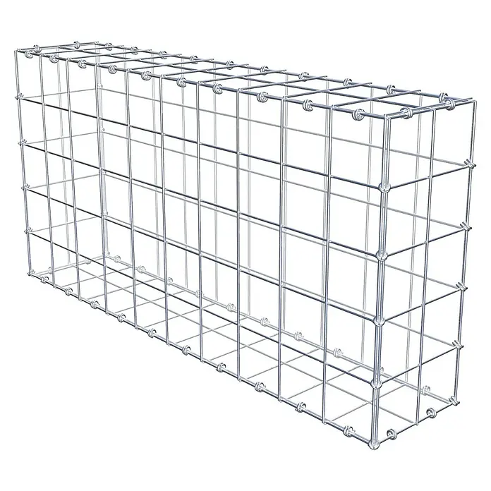 Gabiona Gabione - 100 x 20 x 50 cm, Maschenbreite: 10 cm, Maschenhöhe: 10 cm - Ein rechteckiger Gabionen-Drahtkorb, leer und aus silbernem Metalldraht gefertigt, steht vor einem neutralen Hintergrund.
