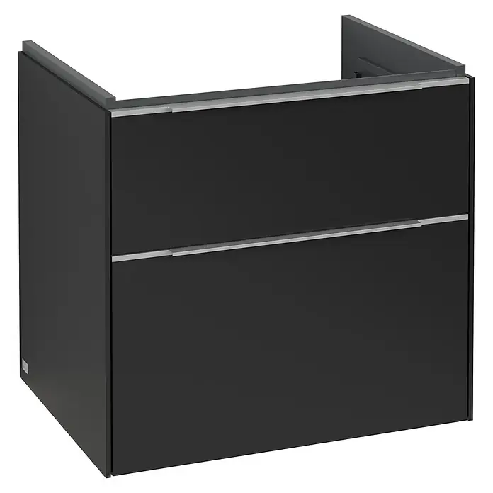 Villeroy & Boch Subway 3.0 Waschbeckenunterschrank - Volcano Black, Anzahl Schubladen: 2 Stk., Farbe Griff: Aluminium glänzend, B x T x H: 62,2 x 47,8 x 57,6 cm, Mit Beleuchtung - Ein stilvoller, schwarzer Unterschrank mit zwei Schubladen und silberfarbenen Griffen, ideal für moderne Badezimmer.