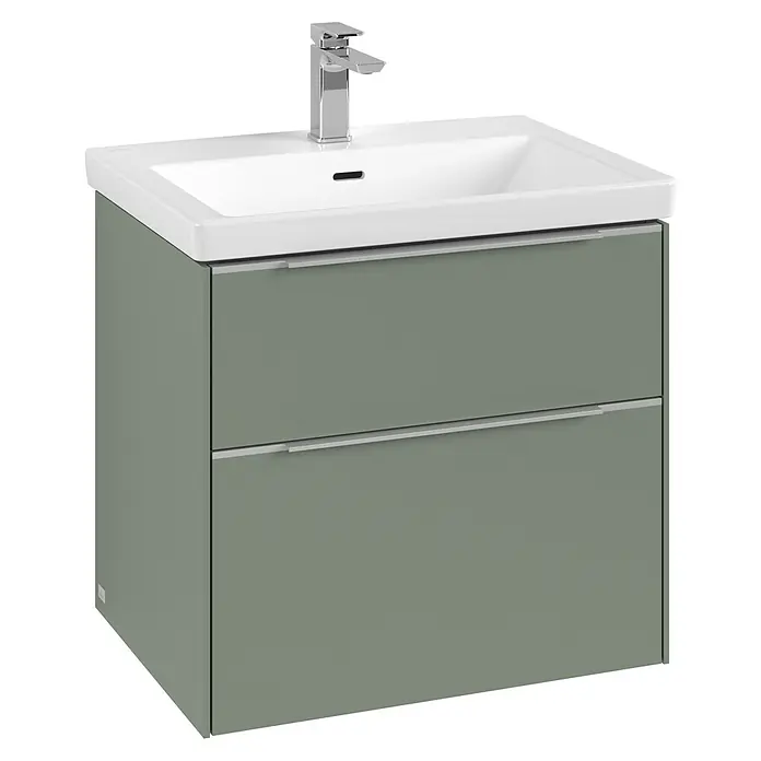 Villeroy & Boch Subway 3.0 Waschbeckenunterschrank - Soft Green, Anzahl Schubladen: 2 Stk., Farbe Griff: Aluminium glänzend, B x T x H: 62,2 x 47,8 x 57,6 cm, Mit Beleuchtung - Ein moderner Waschtisch mit Unterschrank in Grün und weißem Waschbecken, mit zwei Schubladen und einer Chromarmatur.